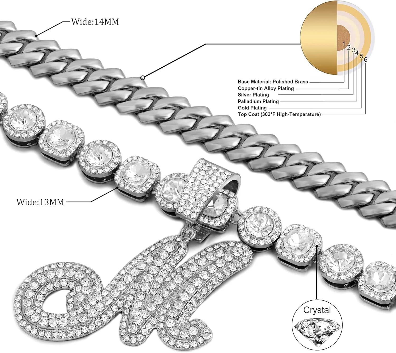 Cuban Link Chain for Women - Silver Initial Necklace, 14mm Cursive Chain for Hip Hop Jewelry