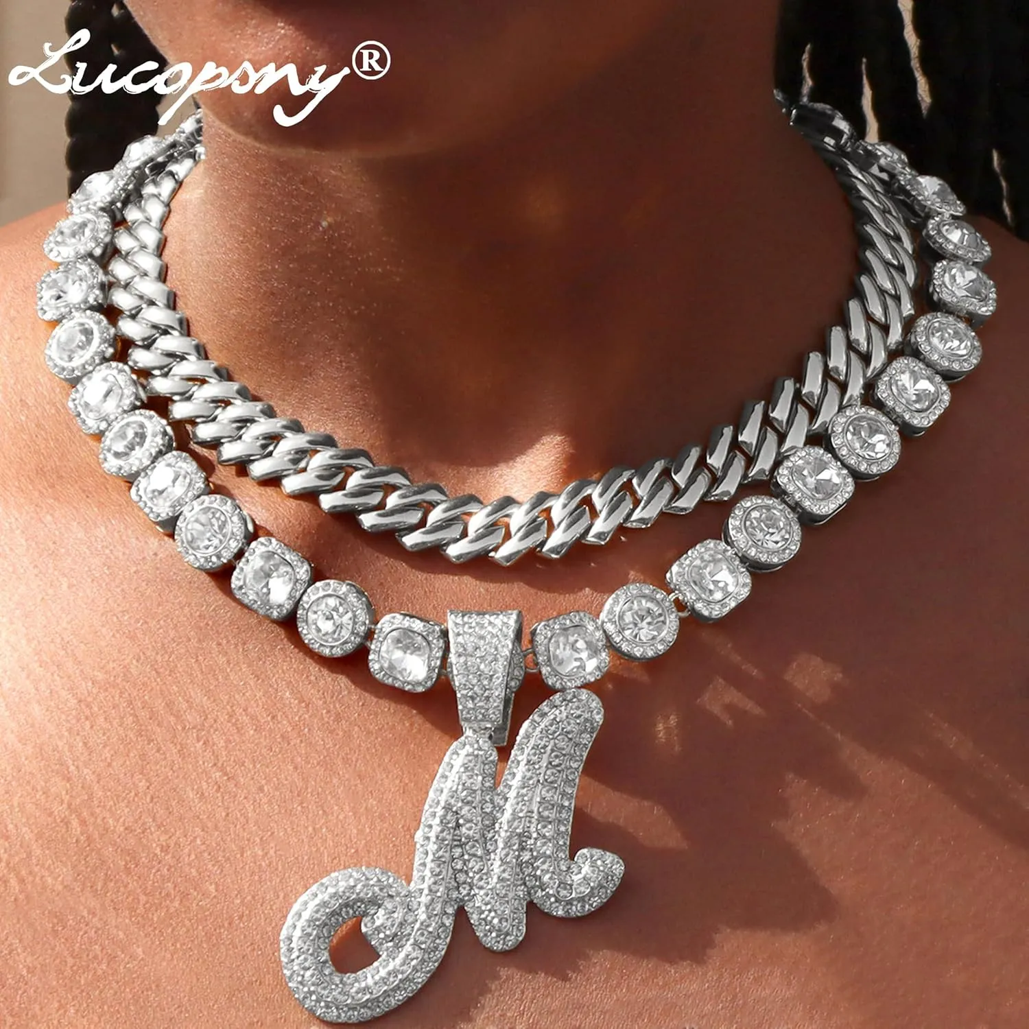 Cuban Link Chain for Women - Silver Initial Necklace, 14mm Cursive Chain for Hip Hop Jewelry