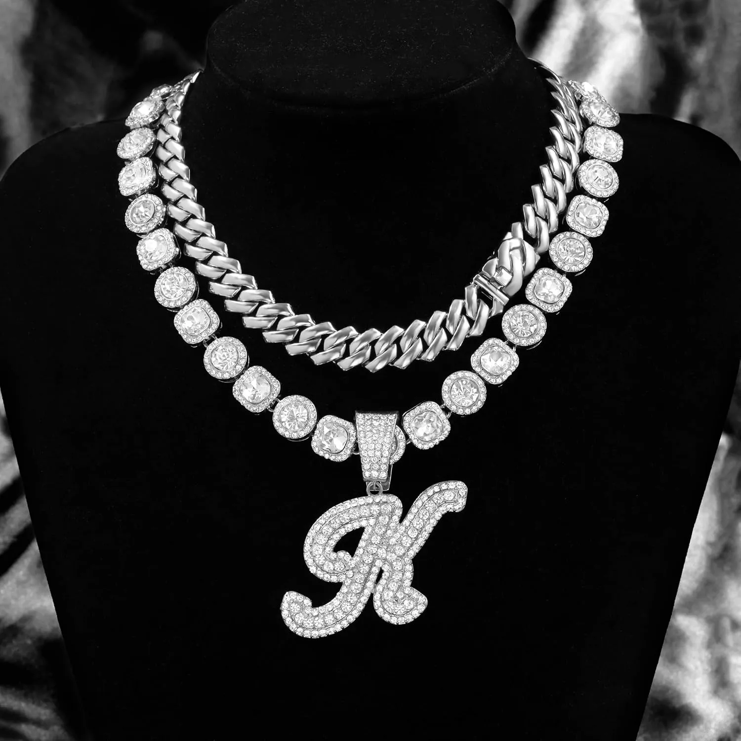 Cuban Link Chain for Women - Silver Initial Necklace, 14mm Cursive Chain for Hip Hop Jewelry
