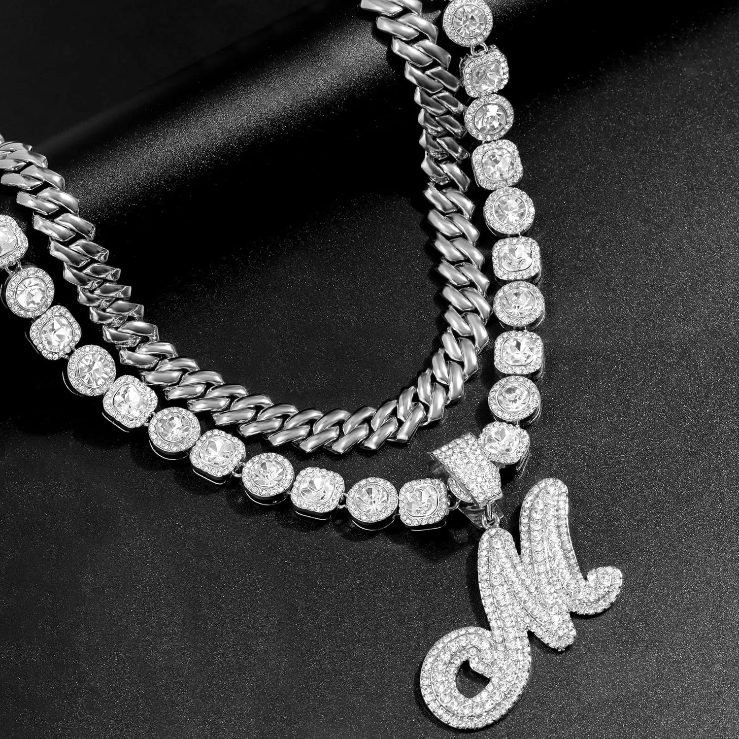 Cuban Link Chain for Women - Silver Initial Necklace, 14mm Cursive Chain for Hip Hop Jewelry