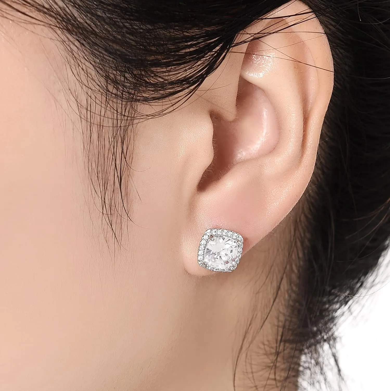 Cubic Zirconia Earrings Studs, CZ Stud Earrings YOMELA White Gold 10MM Square Round Teardrop Heart Halo Stud Earrings Hypoallergenic for Women