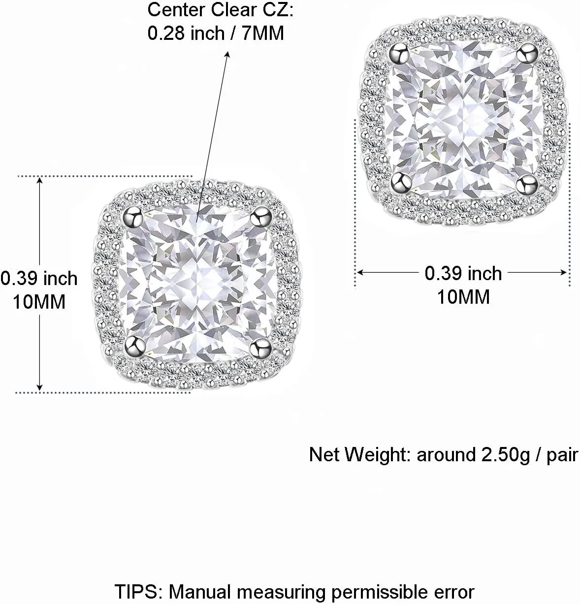 Cubic Zirconia Earrings Studs, CZ Stud Earrings YOMELA White Gold 10MM Square Round Teardrop Heart Halo Stud Earrings Hypoallergenic for Women
