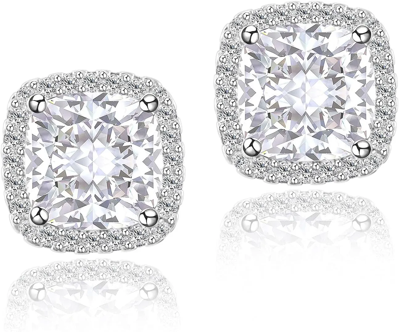 Cubic Zirconia Earrings Studs, CZ Stud Earrings YOMELA White Gold 10MM Square Round Teardrop Heart Halo Stud Earrings Hypoallergenic for Women