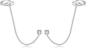 Cuff Chain Earrings Sterling Silver Piercing Cartilage Earrings With Chain and Ear Cuff