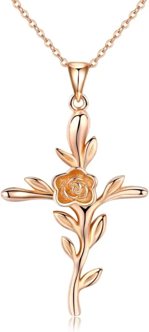 CUOKA MIRACLE Cross Necklace, Rose Flower Pendant Necklace Crucifix Necklace Rose Gold Plated Religious Jewelry Christmas Birthday Gift for Women Men (rose gold)