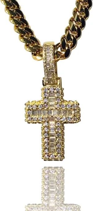 Custom Baguette Iced Small Cross Jesus Religious Pendant Men Women 925 Italy Gold Finish Iced Silver Charm Ice Out Pendant Stainless Steel Real 6mm Miami Cuban Link Chain Necklace, Christina Jesus Christ Jewelry, Iced Pendant