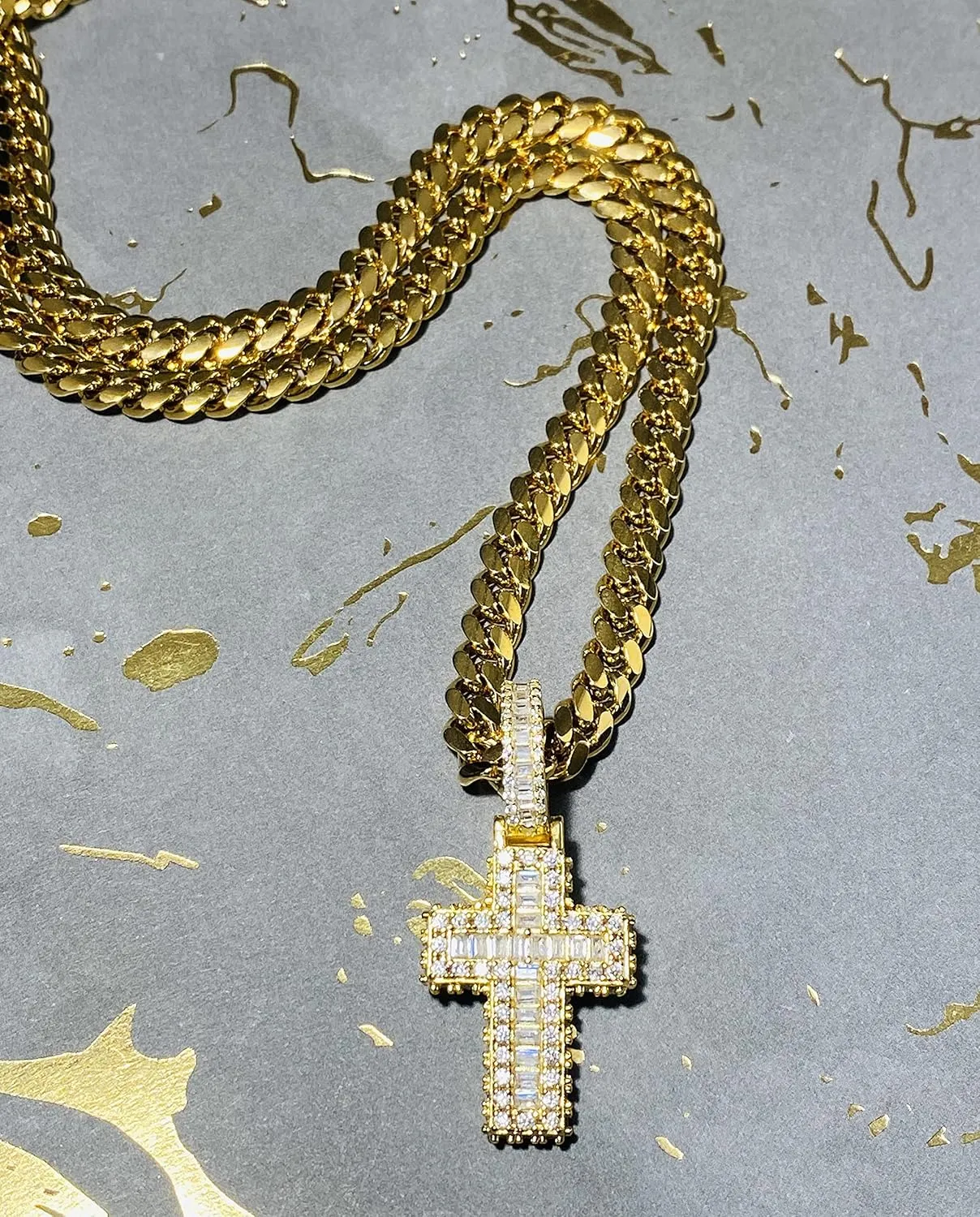 Custom Baguette Iced Small Cross Jesus Religious Pendant Men Women 925 Italy Gold Finish Iced Silver Charm Ice Out Pendant Stainless Steel Real 6mm Miami Cuban Link Chain Necklace, Christina Jesus Christ Jewelry, Iced Pendant
