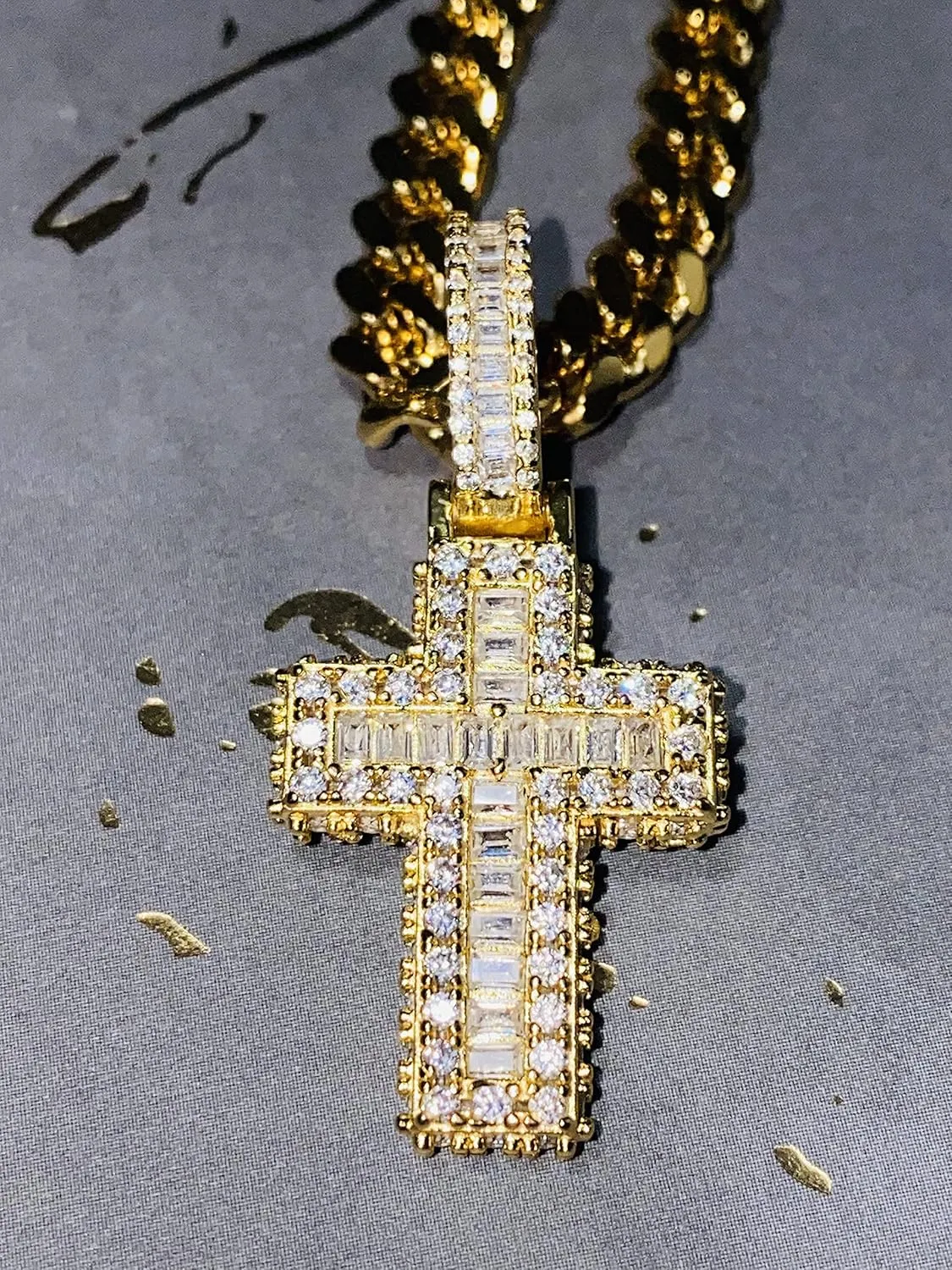 Custom Baguette Iced Small Cross Jesus Religious Pendant Men Women 925 Italy Gold Finish Iced Silver Charm Ice Out Pendant Stainless Steel Real 6mm Miami Cuban Link Chain Necklace, Christina Jesus Christ Jewelry, Iced Pendant