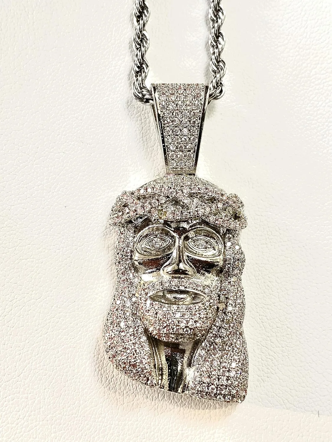 Custom JESUS CHRIST Men Women 925 Italy White Gold Finish Iced Charm Ice Out Pendant Stainless Steel Real 3 mm Rope, Mans Jewelry, Iced Pendant, Rope Necklace 16"- 24"