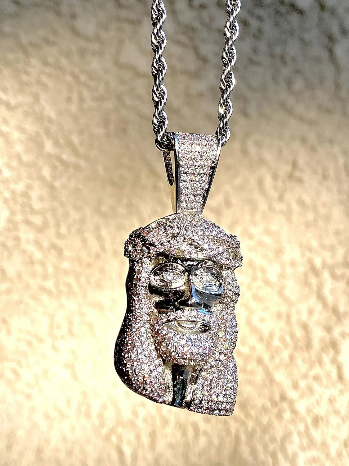 Custom JESUS CHRIST Men Women 925 Italy White Gold Finish Iced Charm Ice Out Pendant Stainless Steel Real 3 mm Rope, Mans Jewelry, Iced Pendant, Rope Necklace 16"- 24"