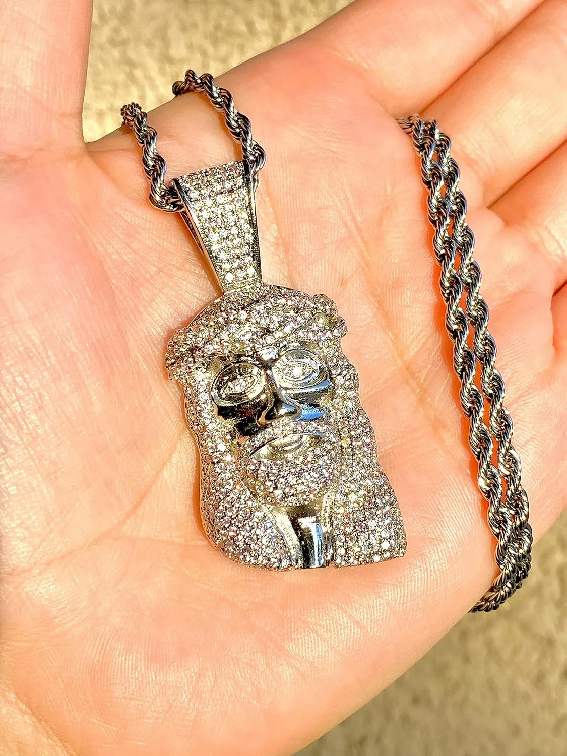 Custom JESUS CHRIST Men Women 925 Italy White Gold Finish Iced Charm Ice Out Pendant Stainless Steel Real 3 mm Rope, Mans Jewelry, Iced Pendant, Rope Necklace 16"- 24"