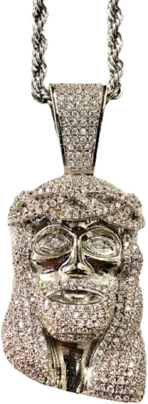 Custom JESUS CHRIST Men Women 925 Italy White Gold Finish Iced Charm Ice Out Pendant Stainless Steel Real 3 mm Rope, Mans Jewelry, Iced Pendant, Rope Necklace 16"- 24"