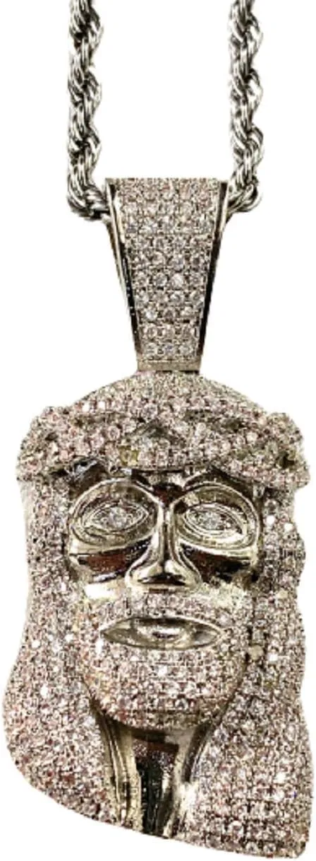 Custom JESUS CHRIST Men Women 925 Italy White Gold Finish Iced Charm Ice Out Pendant Stainless Steel Real 3 mm Rope, Mans Jewelry, Iced Pendant, Rope Necklace 16"- 24"