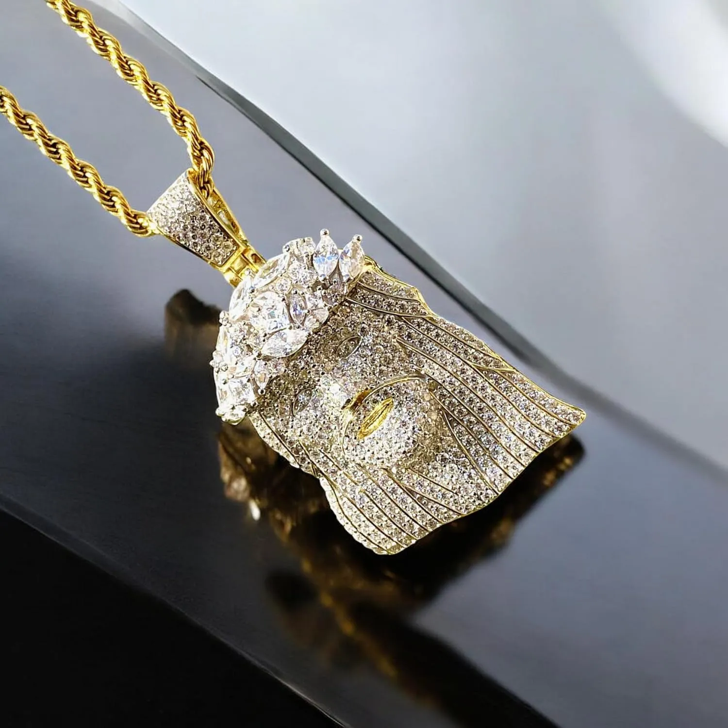 Custom JESUS Men Women 925 Italy White Gold Finish Iced Silver Charm Ice Out Pendant Stainless Steel Real 3 mm Rope Chain, Mans Jewelry, Iced Pendant, Rope Necklace 16"- 24"