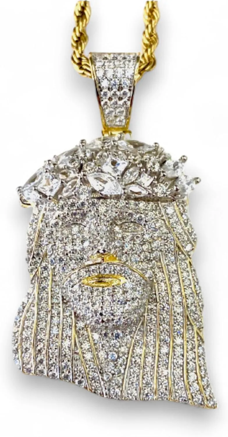 Custom JESUS Men Women 925 Italy White Gold Finish Iced Silver Charm Ice Out Pendant Stainless Steel Real 3 mm Rope Chain, Mans Jewelry, Iced Pendant, Rope Necklace 16"- 24"