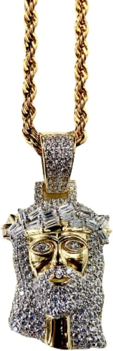 Custom JESUS PEACE Men Women 925 Italy Gold Finish Iced Silver Charm Ice Out Pendant Stainless Steel Real 3 mm Rope Chain, Mans Jewelry, Iced Pendant, Rope Necklace 16"- 24"