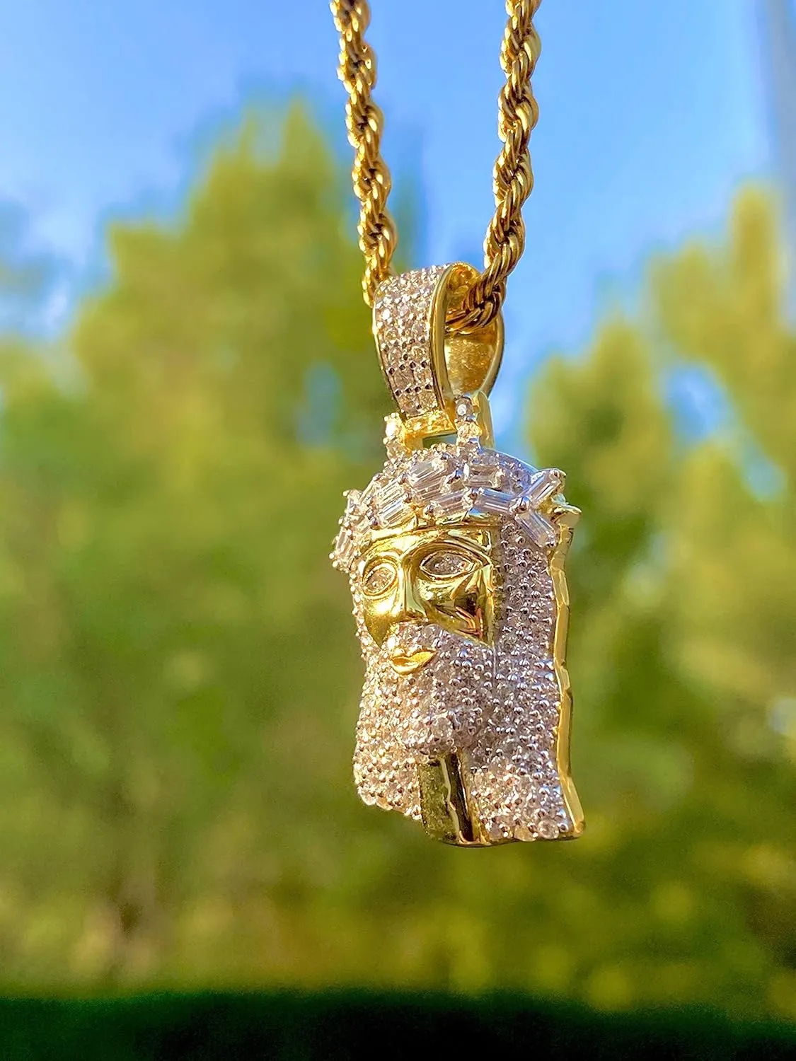 Custom JESUS PEACE Men Women 925 Italy Gold Finish Iced Silver Charm Ice Out Pendant Stainless Steel Real 3 mm Rope Chain, Mans Jewelry, Iced Pendant, Rope Necklace 16"- 24"