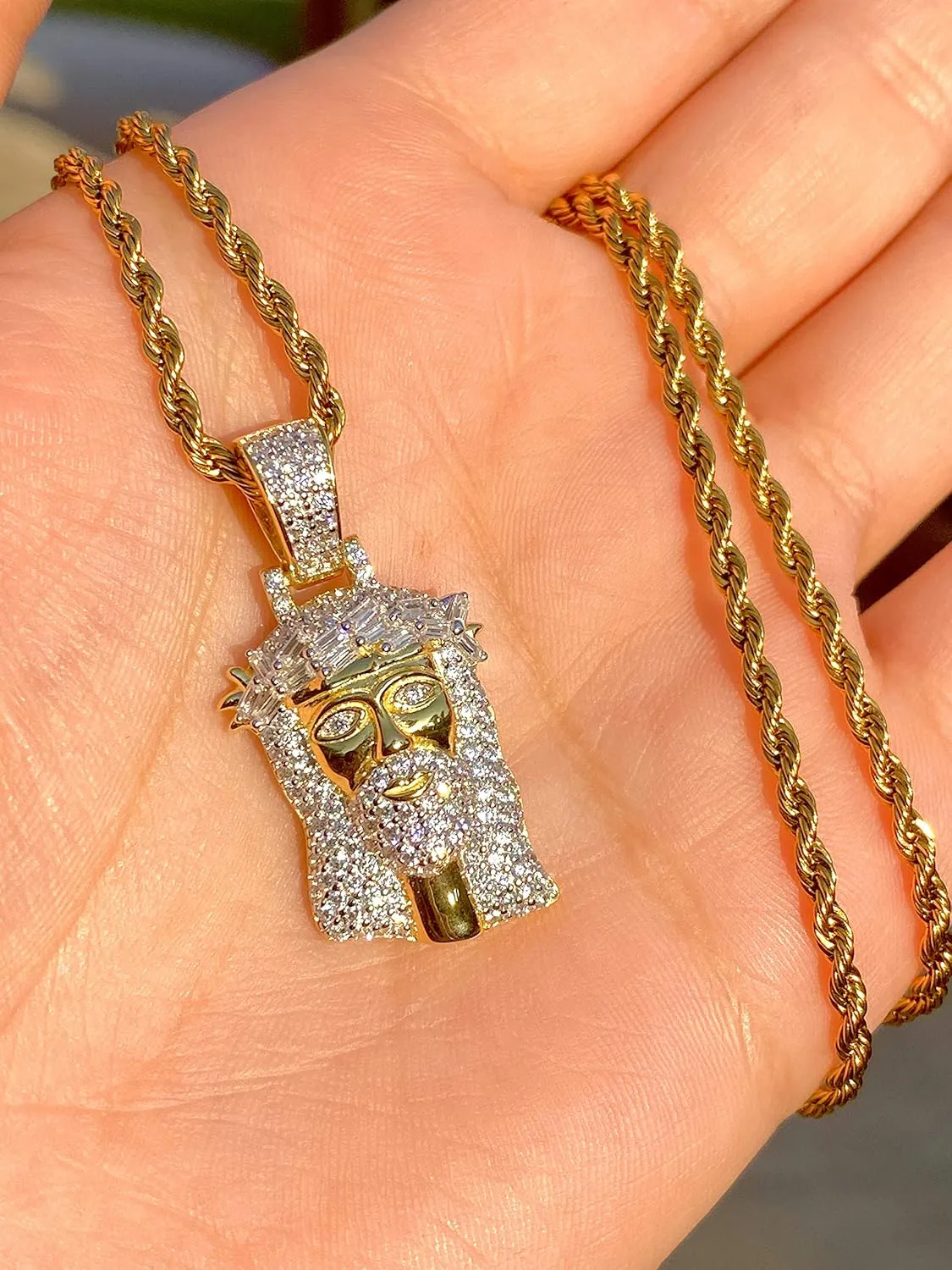 Custom JESUS PEACE Men Women 925 Italy Gold Finish Iced Silver Charm Ice Out Pendant Stainless Steel Real 3 mm Rope Chain, Mans Jewelry, Iced Pendant, Rope Necklace 16"- 24"