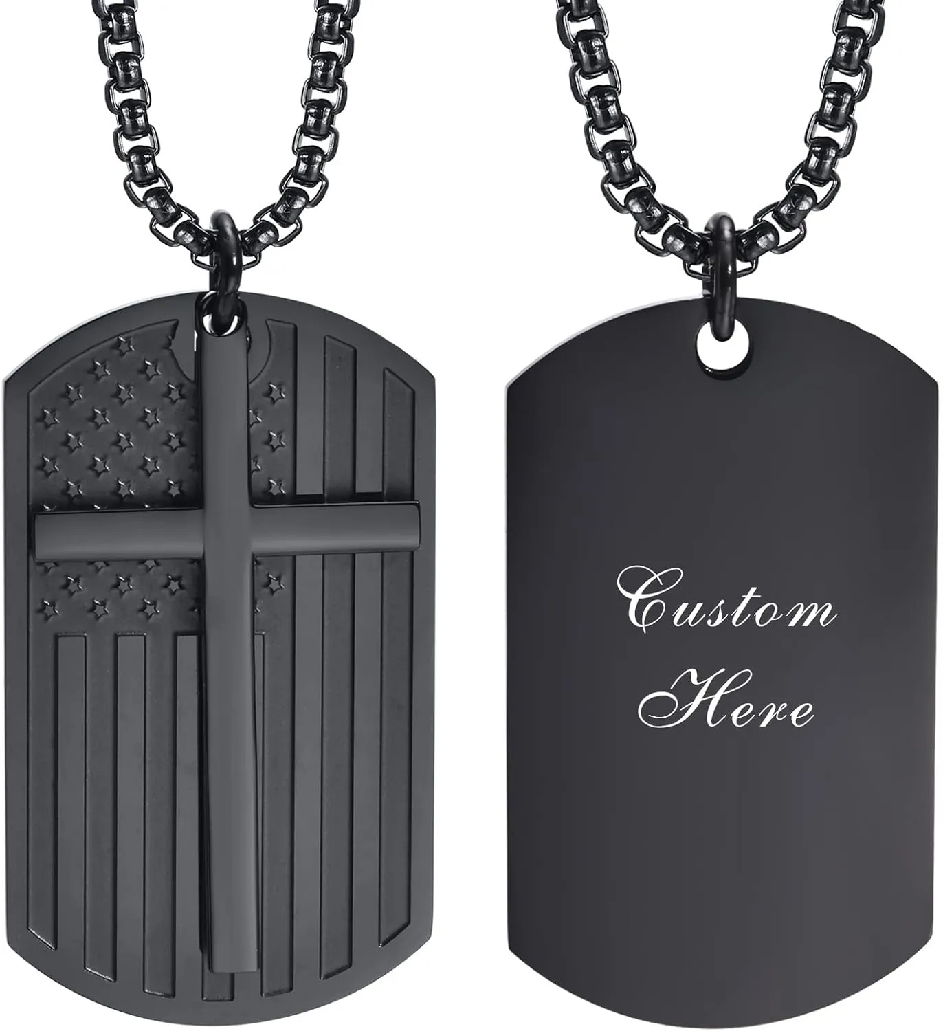 Customize Religious Inspirational Bible Quote Dog Tag Necklace for Men Women, Black Stainless Steel American US Flag Cross Dogtag Pendant, Personalized Motivational Encouragement Necklaces to Son