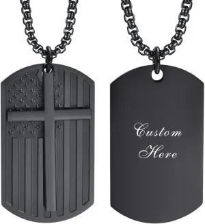 Customize Religious Inspirational Bible Quote Dog Tag Necklace for Men Women, Black Stainless Steel American US Flag Cross Dogtag Pendant, Personalized Motivational Encouragement Necklaces to Son