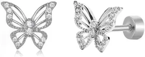 Cute CZ Butterfly Flat Back Stud Earrings Hypoallergenic 20G Cubic Zirconia Tiny Cartilage Tragus Helix Screw Back Stainless Steel Piercing Fashion Minimalist Jewelry Gifts For Women Sensitive Ears