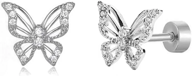 Cute CZ Butterfly Flat Back Stud Earrings Hypoallergenic 20G Cubic Zirconia Tiny Cartilage Tragus Helix Screw Back Stainless Steel Piercing Fashion Minimalist Jewelry Gifts For Women Sensitive Ears