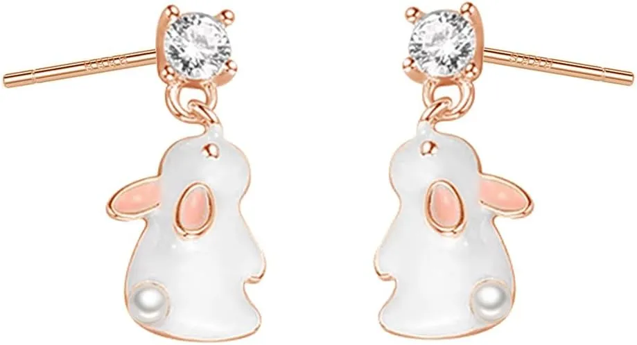 Cute Rabbit Round CZ 925 Sterling Silver Stud Earrings Small Dangle Drop for Women Teen Girls Sensitive Ear White Enamel Animal Studs Hypoallergenic Fashion Jewelry Easter Day Party Birthday Gift Daughter