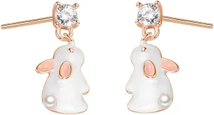Cute Rabbit Round CZ 925 Sterling Silver Stud Earrings Small Dangle Drop for Women Teen Girls Sensitive Ear White Enamel Animal Studs Hypoallergenic Fashion Jewelry Easter Day Party Birthday Gift Daughter
