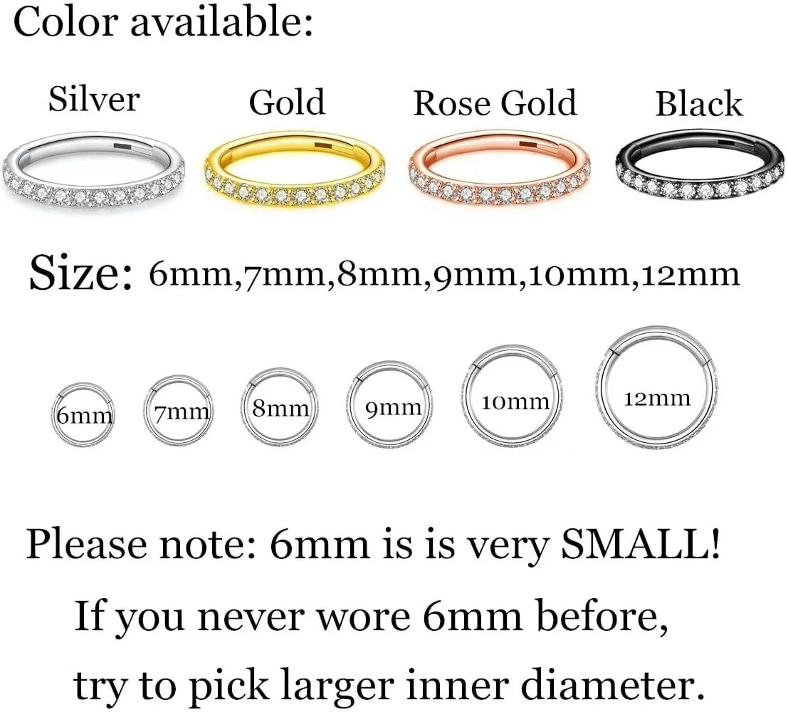CZ Hinged Segment Nose Rings Hoop 316L Surgical Steel Cubic Zirconia Conch Daith Helix Tragus Body Piercing Jewelry Lip Rings Cartilage Earrings 20G 18G 16G Stainless Steel Septum Clicker Ring