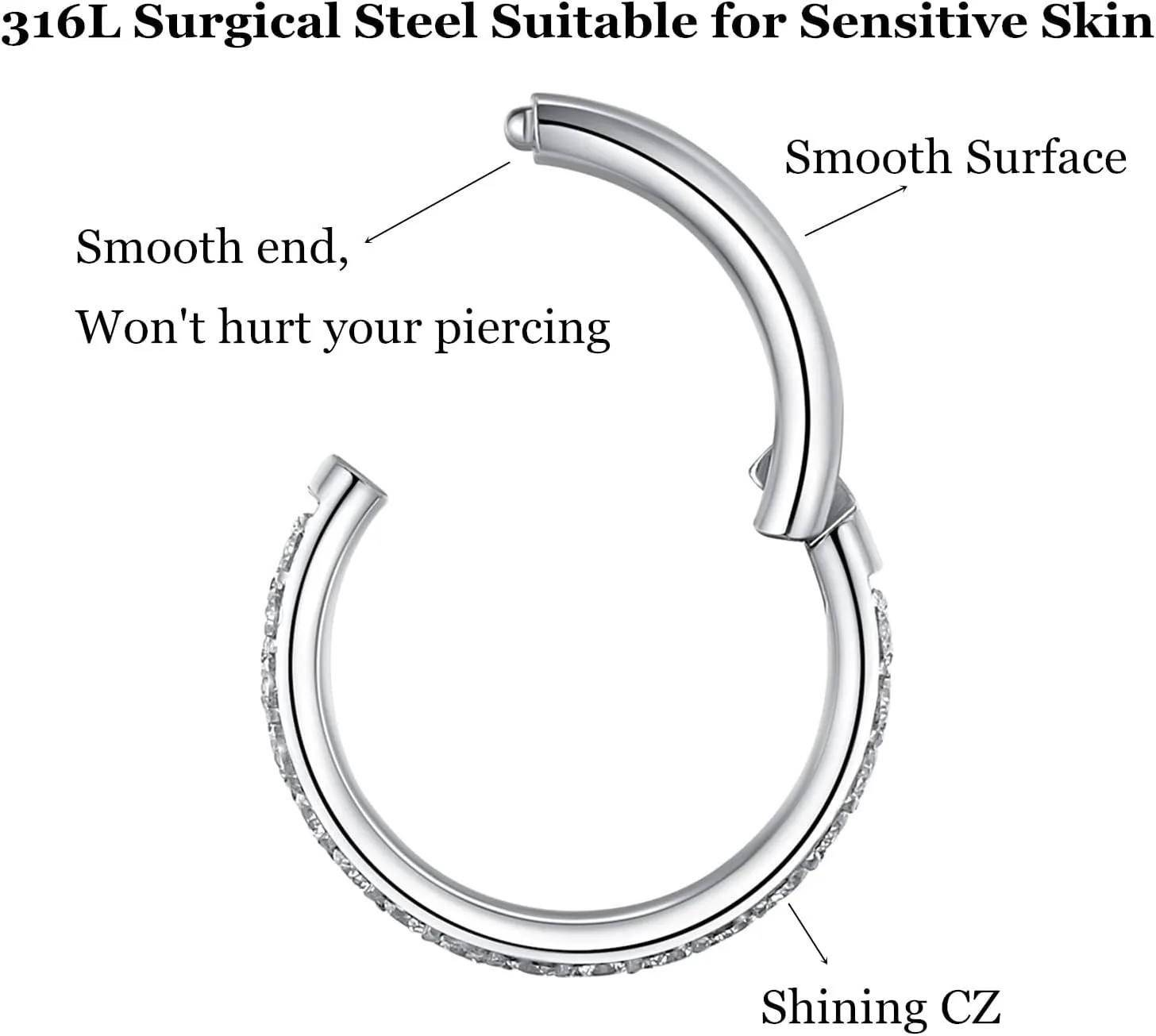 CZ Hinged Segment Nose Rings Hoop 316L Surgical Steel Cubic Zirconia Conch Daith Helix Tragus Body Piercing Jewelry Lip Rings Cartilage Earrings 20G 18G 16G Stainless Steel Septum Clicker Ring