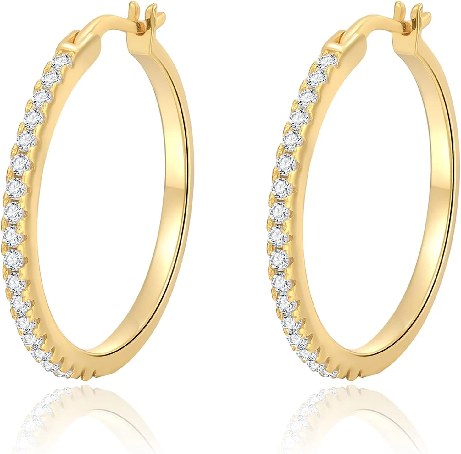 CZ Hoop Earrings Medium Pave Hoops 1'' | Rhodium Plated Sterling Silver Zirconia Paved Large Gold Hoop