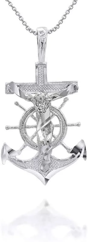 Dainty .925 Sterling Silver 0.90" Mariner Crucifix Anchor Cross Pendant Necklace - Choose Pendant Only or Necklace with 16-22 Chain