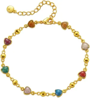 Dainty Glitter Heart Colorful Enamel Stack Beaded Bracelets for Women Cute Gold Plated Hearted Love Charm Ball Friendship Link Bracelet Adjustable Chain Fashion Trendy Jewelry Valentine's Day Gift Her Bff