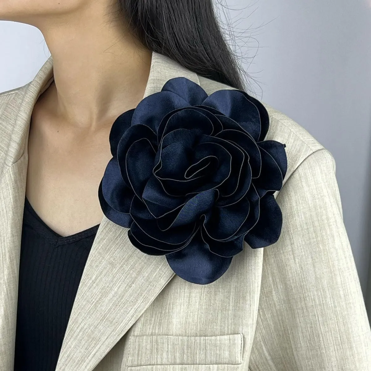 Dainty Satin Fabric Rose Flower Brooches 7.5in Large amellia Flower Brooches Lapel Pins Wedding Party Dance Dress Clothes Accessories Valentine's Day Gifts for Women