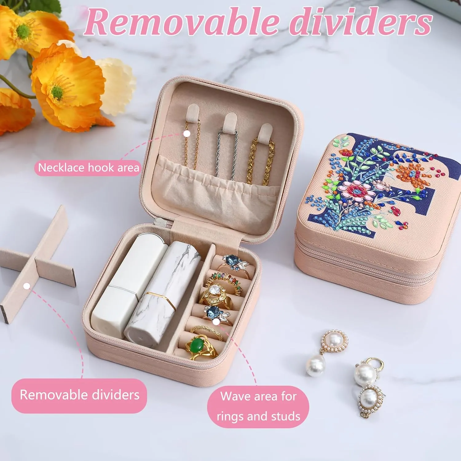 Diamond Art Jewelry Box Girls Mini Jewelry Box Earring Box Christmas Gifts Birthday Gifts for Teen Girl Women Mom Sister Friends BestieLetter F, Pink