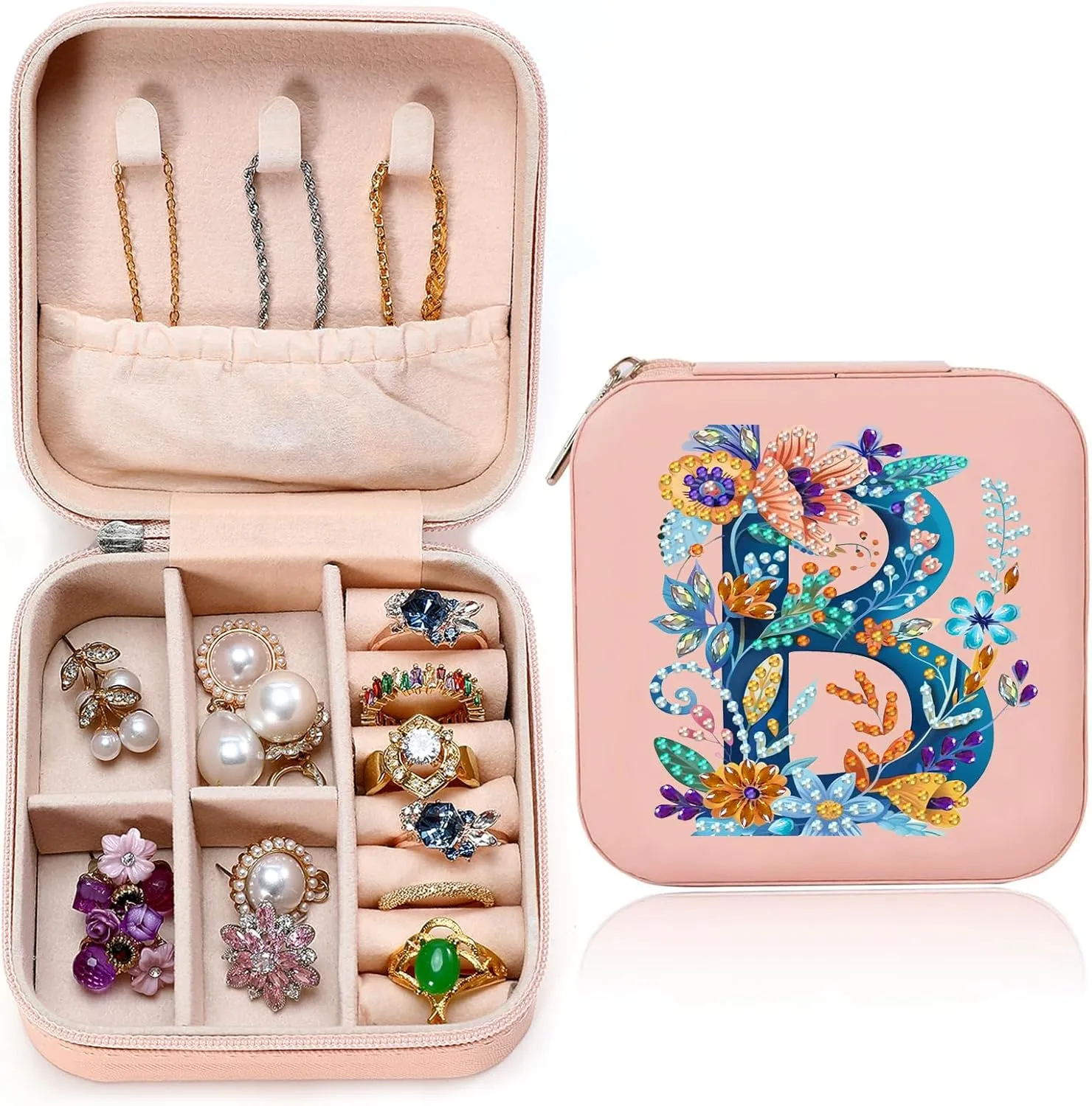 Diamond Art Jewelry Box Mini Jewelry Box Earring Box Christmas Gifts Birthday Gifts for Women or Mom Sister Friends BestieLetter B, Pink