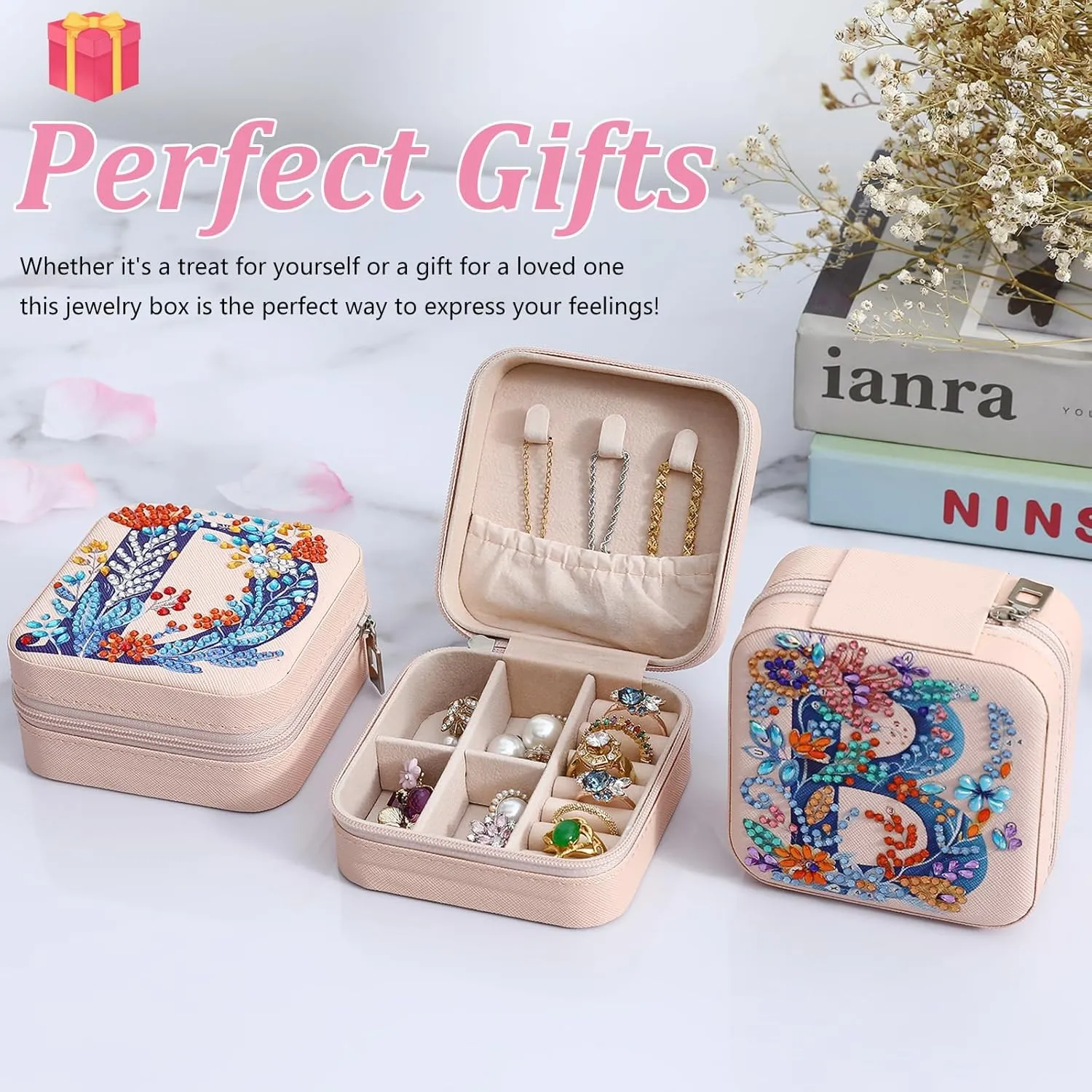 Diamond Art Jewelry Box Mini Jewelry Box Earring Box Christmas Gifts Birthday Gifts for Women or Mom Sister Friends BestieLetter B, Pink