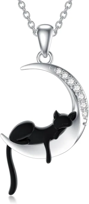 Diamond Black Cat/Red Panda/Sloth/Deer/Unicorn Necklace for Women 925 Sterling Silver Sleeping Animal and Moon Pendant Necklace with Lab Grown Diamonds Jewelry Gifts