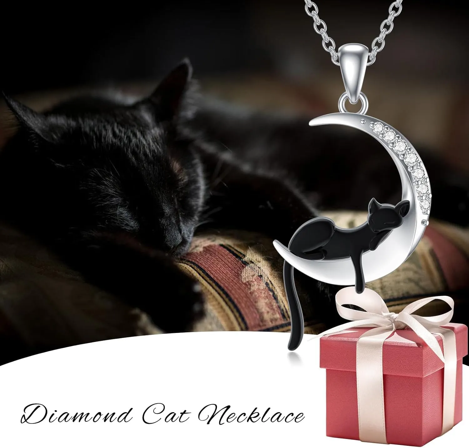 Diamond Black Cat/Red Panda/Sloth/Deer/Unicorn Necklace for Women 925 Sterling Silver Sleeping Animal and Moon Pendant Necklace with Lab Grown Diamonds Jewelry Gifts