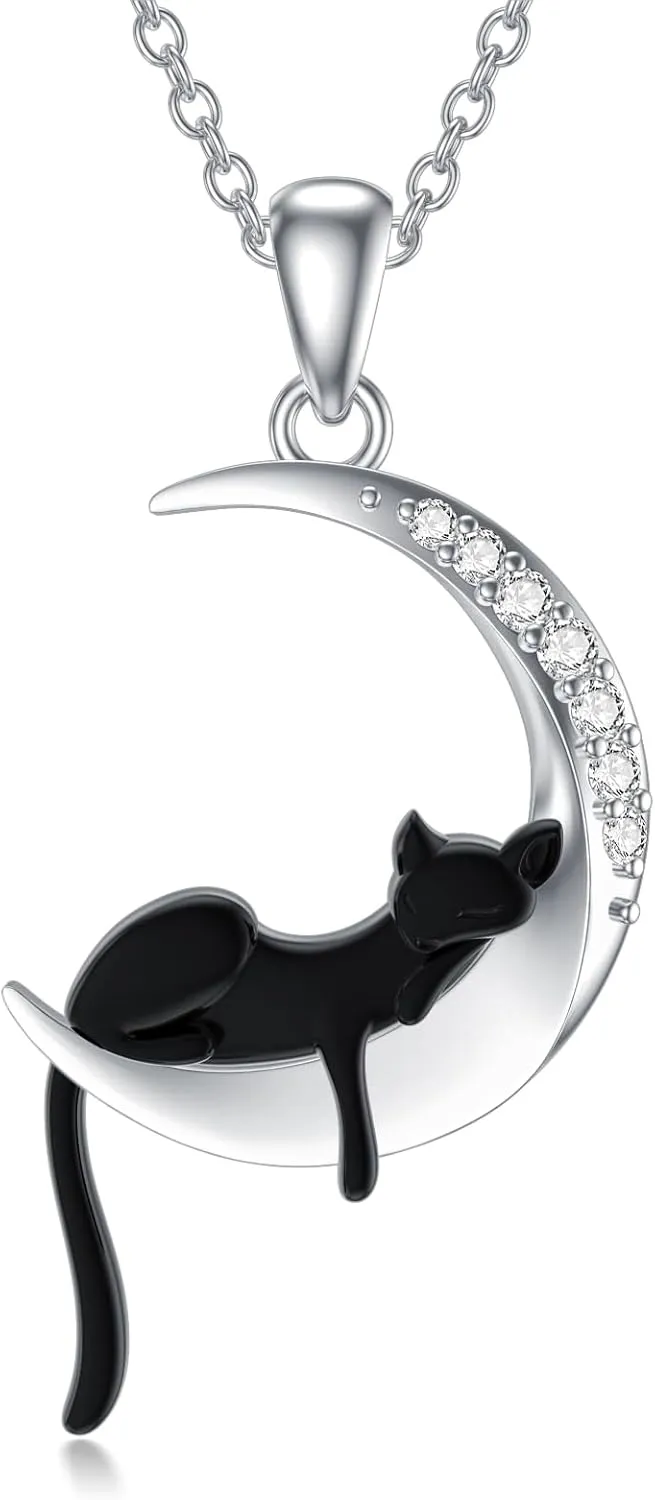 Diamond Black Cat/Red Panda/Sloth/Deer/Unicorn Necklace for Women 925 Sterling Silver Sleeping Animal and Moon Pendant Necklace with Lab Grown Diamonds Jewelry Gifts