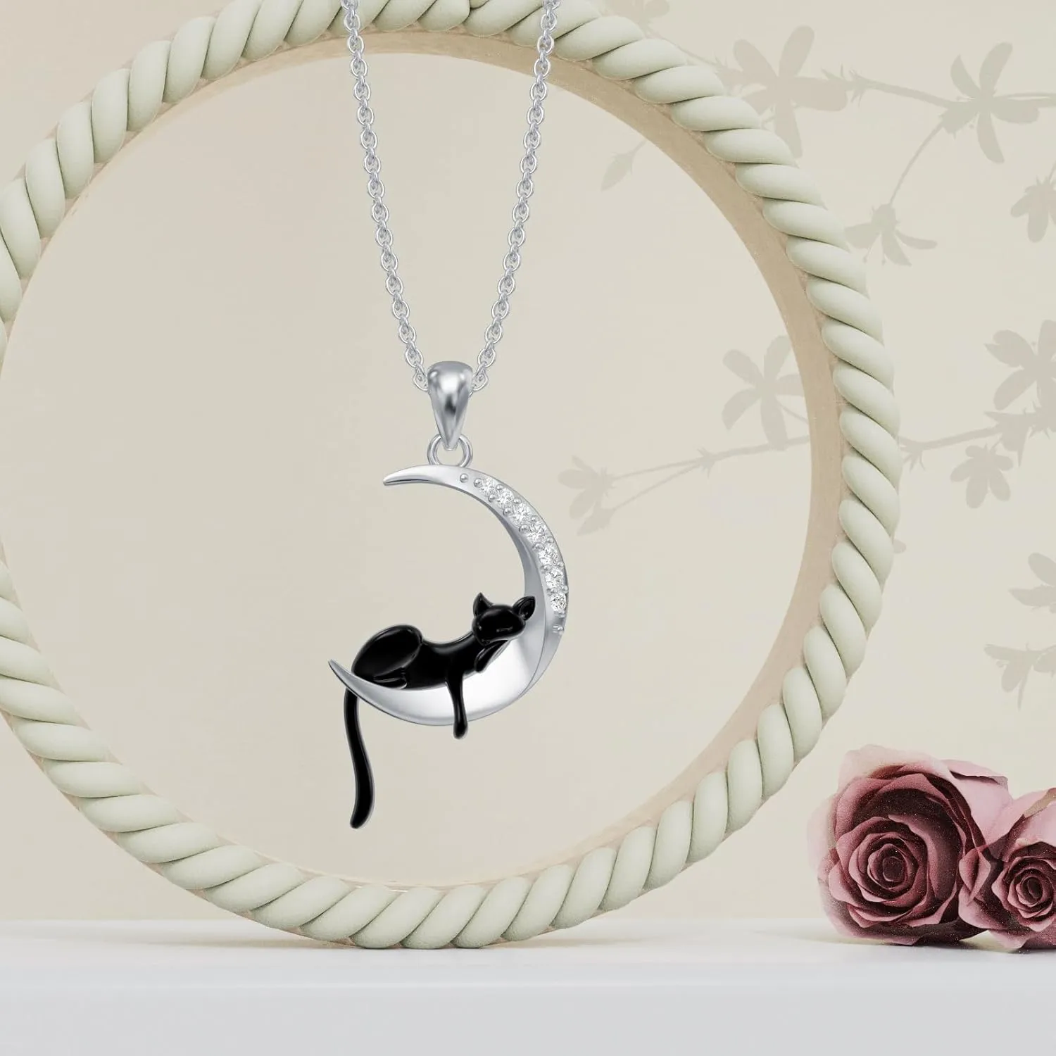Diamond Black Cat/Red Panda/Sloth/Deer/Unicorn Necklace for Women 925 Sterling Silver Sleeping Animal and Moon Pendant Necklace with Lab Grown Diamonds Jewelry Gifts