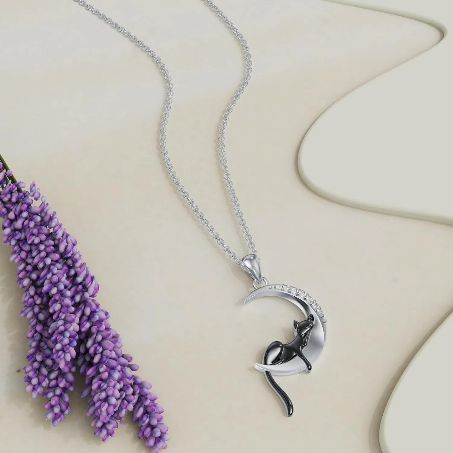 Diamond Black Cat/Red Panda/Sloth/Deer/Unicorn Necklace for Women 925 Sterling Silver Sleeping Animal and Moon Pendant Necklace with Lab Grown Diamonds Jewelry Gifts