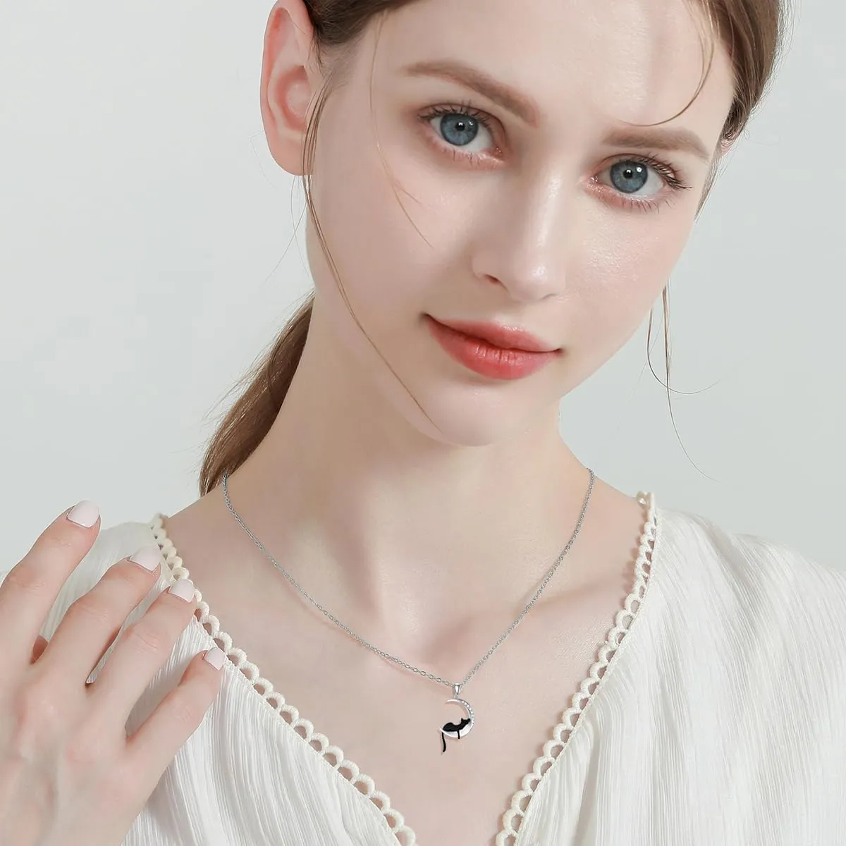Diamond Black Cat/Red Panda/Sloth/Deer/Unicorn Necklace for Women 925 Sterling Silver Sleeping Animal and Moon Pendant Necklace with Lab Grown Diamonds Jewelry Gifts
