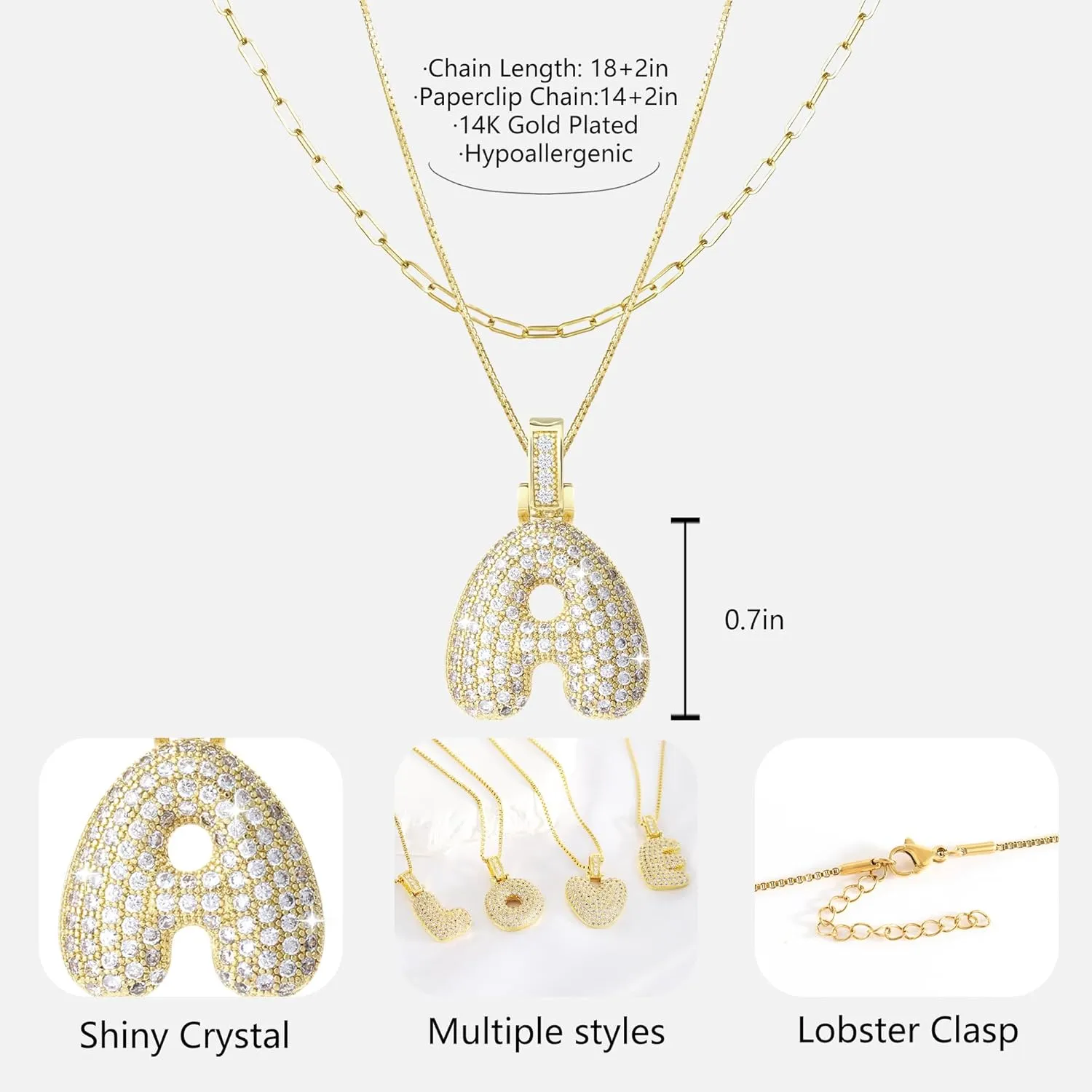 Diamond Bubble Letter Necklace Gold for Women s,14K Gold Plated, Initial Necklaces for Women,Dainty Layered Gold Bubble Letter Necklace Birthday Gifts for Women s