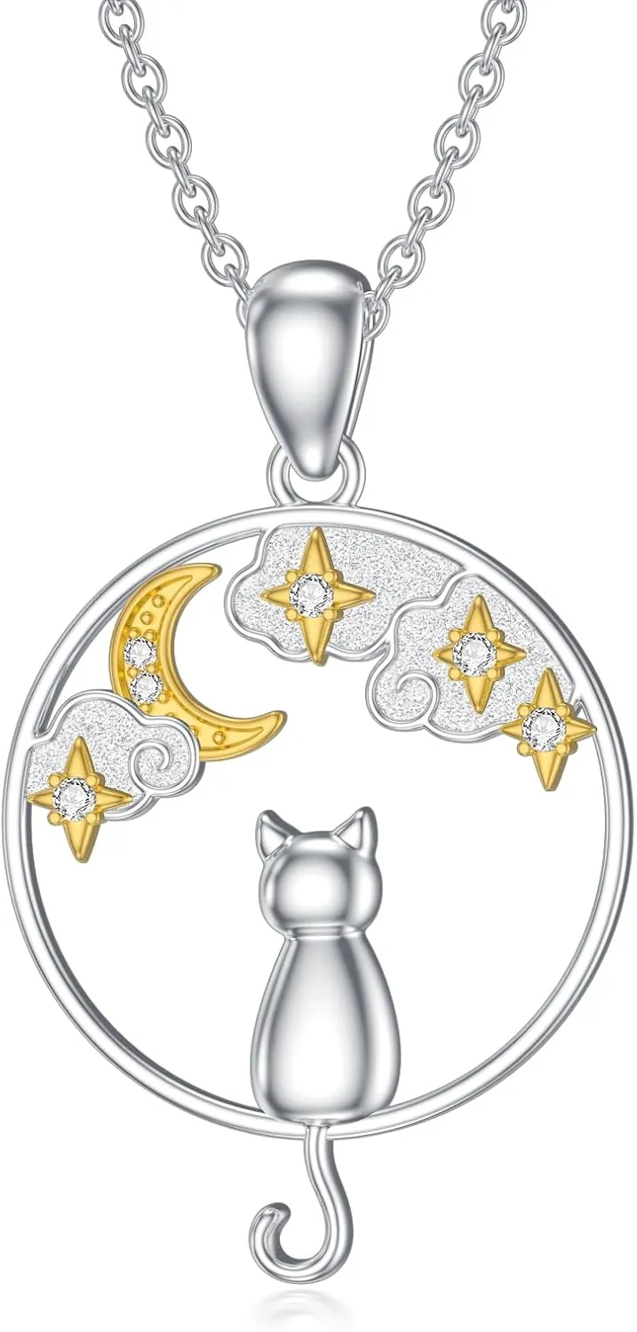 Diamond Cat Necklace for Women - 925 Sterling Silver Pendant With Lab Grown Diamond - Jewelry Gifts for Cat Lovers
