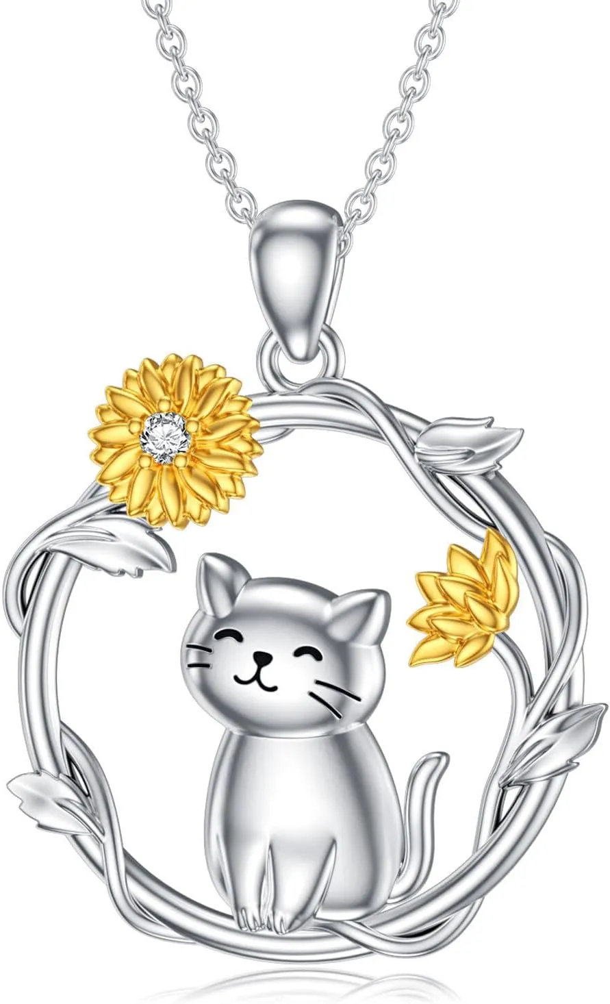 Diamond Cat Pendant Necklace for Women 925 Sterling Silver Lab Grown Diamond Kitten Jewelry Gifts