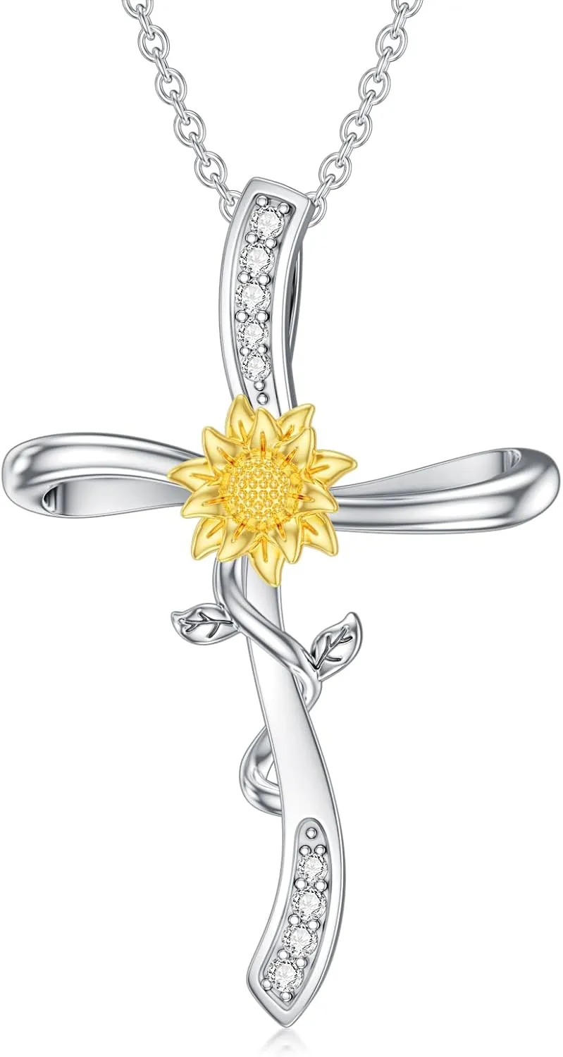 Diamond Faith Sunflower Cross for Women Sterling Silver Sunflower Faith Cross Pendant Necklace