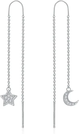 Diamond Moon Star Threader Earrings 925 Sterling Silver Asymmetrical Earrings Dangling Charm Jewelry Gifts for Women Wife