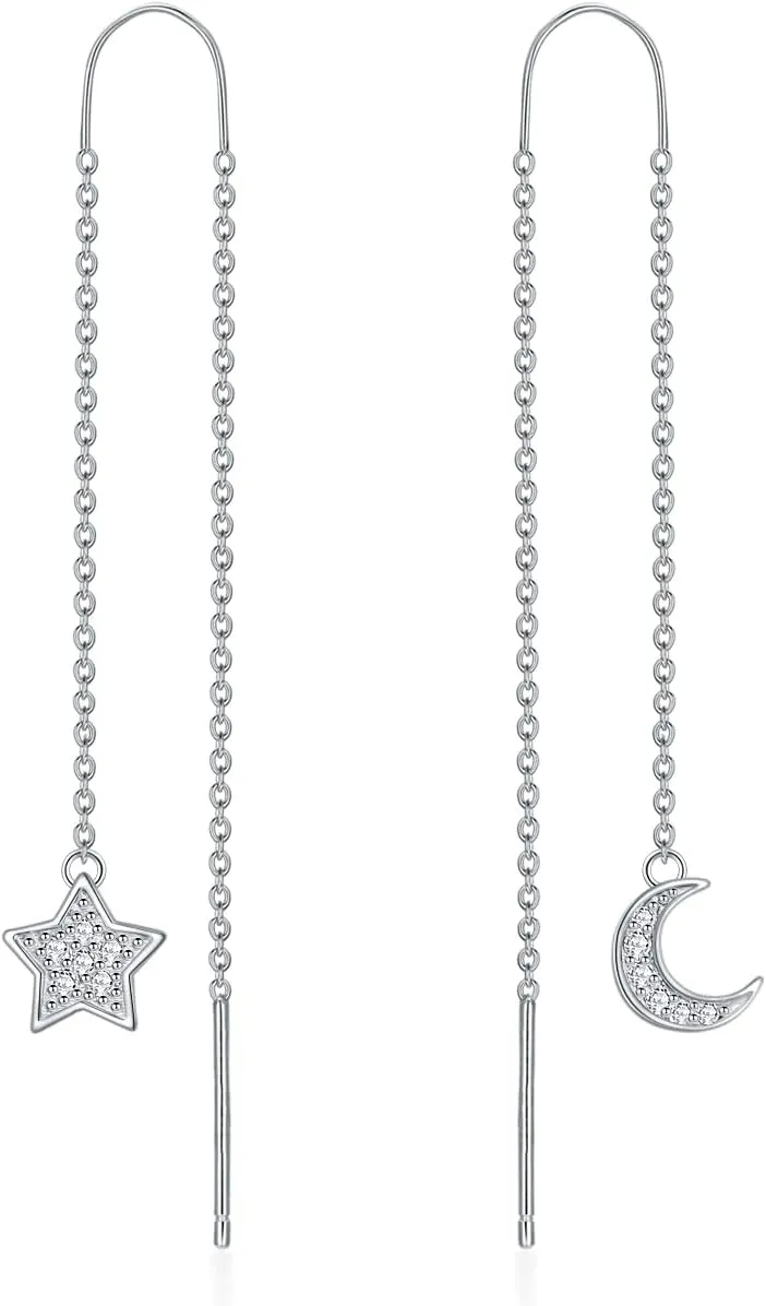 Diamond Moon Star Threader Earrings 925 Sterling Silver Asymmetrical Earrings Dangling Charm Jewelry Gifts for Women Wife