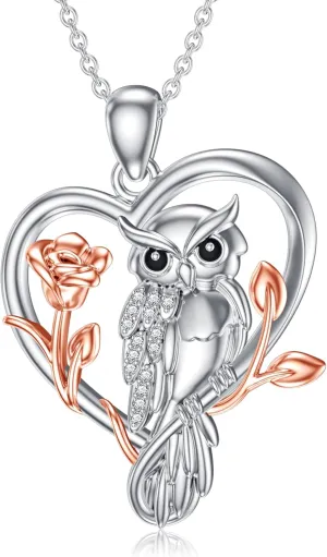 Diamond Owl Necklace for Women 925 Sterling Silver Owl Heart Pendant with Lab Grown Diamond Owl Jewelry Gifts for Mom Wife Girlfriend Daughter Sister